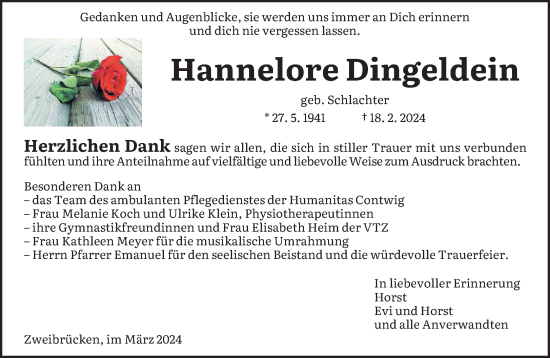 Todesanzeige von Hannelore Dingeldein von saarbruecker_zeitung