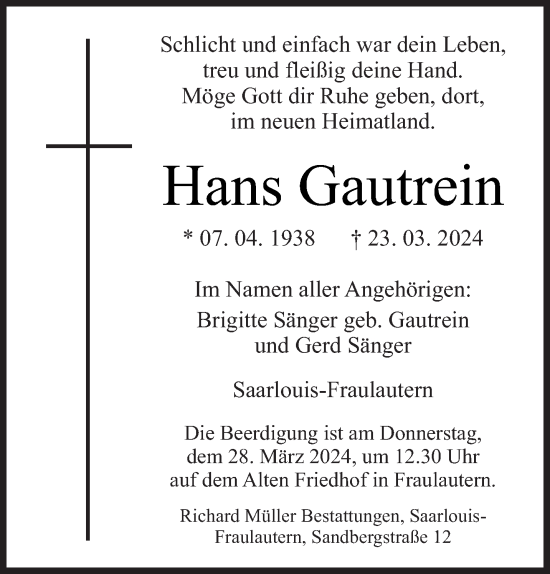 Todesanzeige von Hans Gautrein von saarbruecker_zeitung