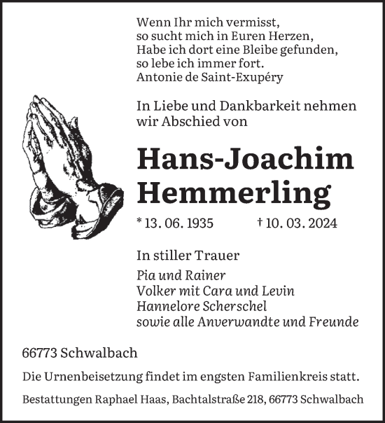 Todesanzeige von Hans-Joachim Hemmerling von saarbruecker_zeitung