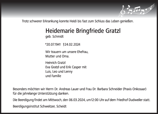 Todesanzeige von Heidemarie Bringfriede Gratzl von saarbruecker_zeitung