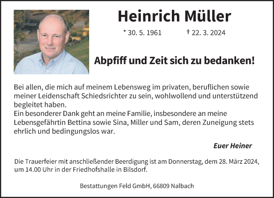 Todesanzeige von Heinrich Müller von saarbruecker_zeitung
