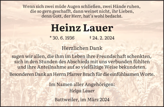 Todesanzeige von Heinz Lauer von saarbruecker_zeitung