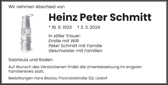 Todesanzeige von Heinz Peter Schmitt von saarbruecker_zeitung