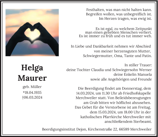 Todesanzeige von Helga Maurer von saarbruecker_zeitung