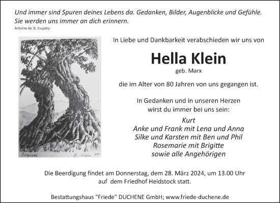 Todesanzeige von Hella Klein von saarbruecker_zeitung