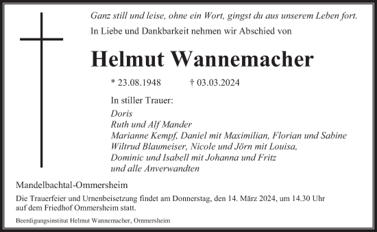 Todesanzeige von Helmut Wannemacher von saarbruecker_zeitung