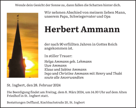 Todesanzeige von Herbert Ammann von saarbruecker_zeitung