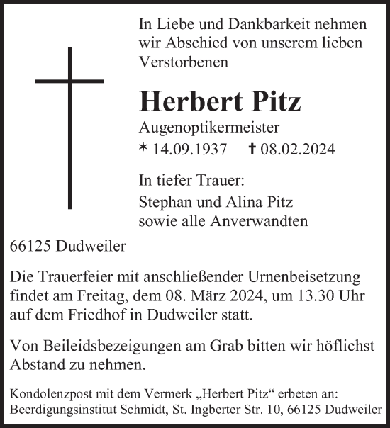 Todesanzeige von Herbert Pitz von saarbruecker_zeitung