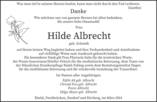 Todesanzeige von Hilde Albrecht von saarbruecker_zeitung