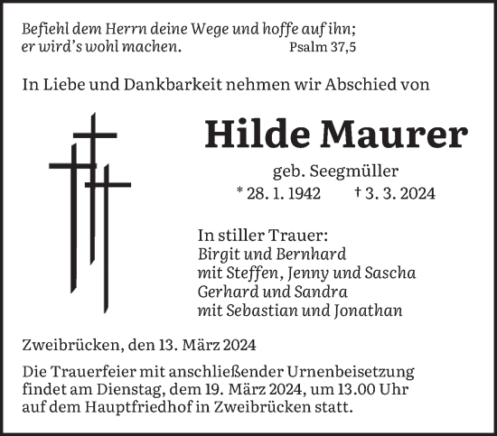 Todesanzeige von Hilde Maurer von saarbruecker_zeitung