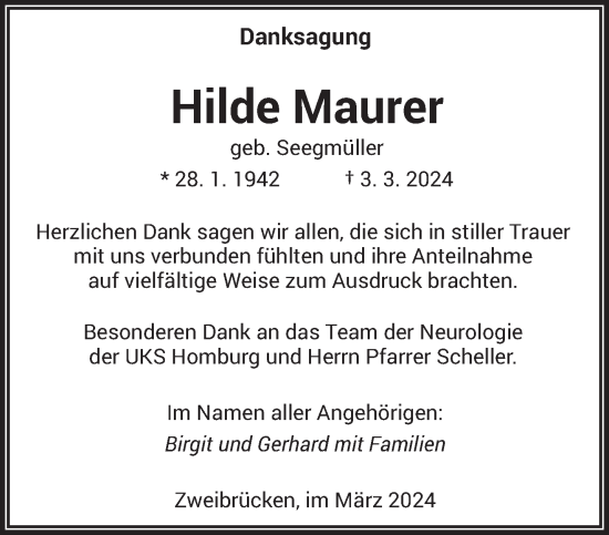 Todesanzeige von Hilde Maurer von saarbruecker_zeitung