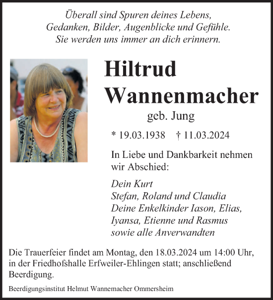 Todesanzeige von Hiltrud Wannenmacher von saarbruecker_zeitung
