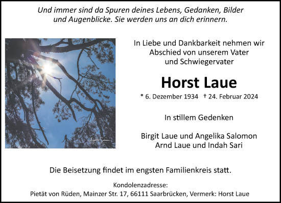Todesanzeige von Horst Laue von saarbruecker_zeitung
