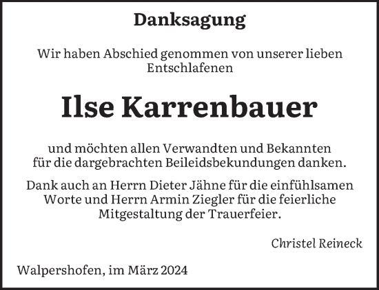 Todesanzeige von Ilse Karrenbauer von saarbruecker_zeitung