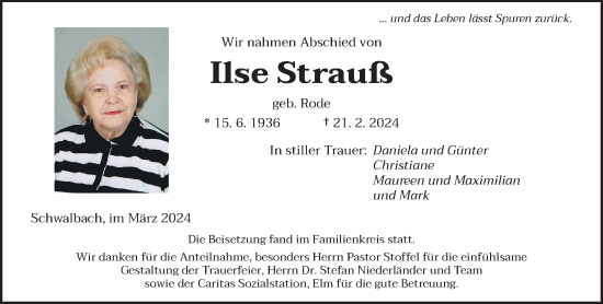 Todesanzeige von Ilse Strauß von saarbruecker_zeitung