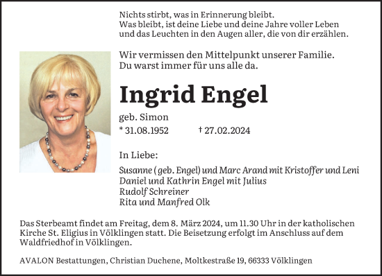 Todesanzeige von Ingrid Engel von saarbruecker_zeitung