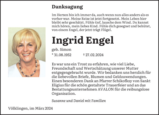 Todesanzeige von Ingrid Engel von saarbruecker_zeitung