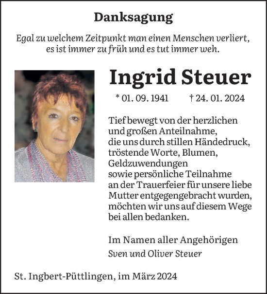 Todesanzeige von Ingrid Steuer von saarbruecker_zeitung