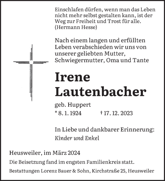 Todesanzeige von Irene Lautenbacher von saarbruecker_zeitung