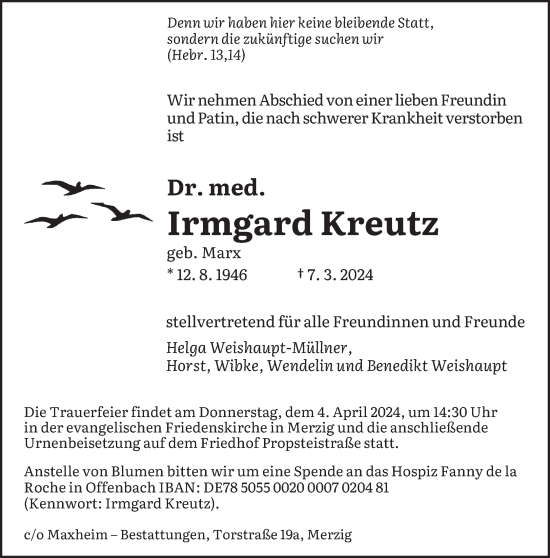 Todesanzeige von Irmgard Kreutz von saarbruecker_zeitung