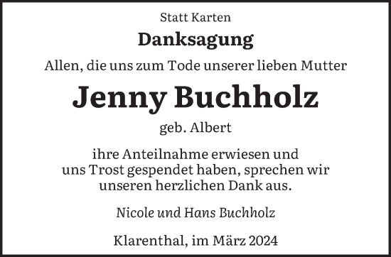 Todesanzeige von Jenny Buchholz von saarbruecker_zeitung