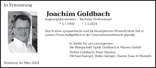 Todesanzeige von Joachim Goldbach von saarbruecker_zeitung