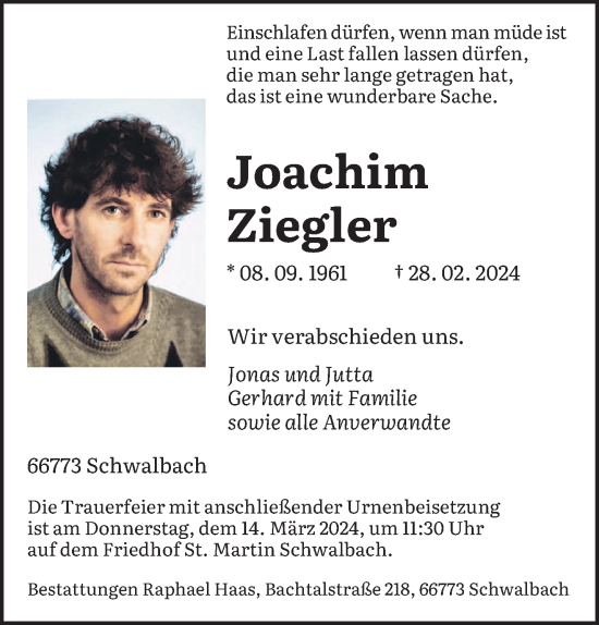 Todesanzeige von Joachim Ziegler von saarbruecker_zeitung