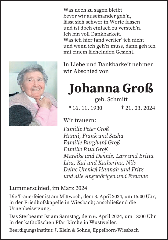 Todesanzeige von Johanna Groß von saarbruecker_zeitung