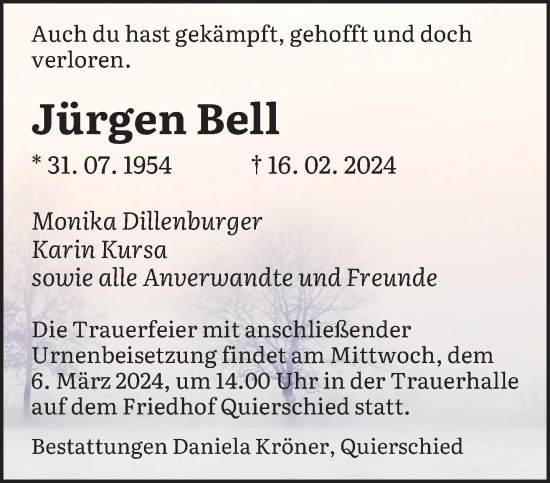 Todesanzeige von Jürgen Bell von saarbruecker_zeitung