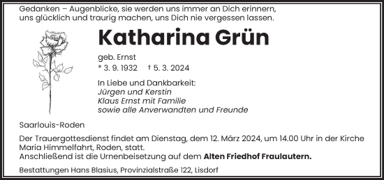 Todesanzeige von Katharina Grün von saarbruecker_zeitung