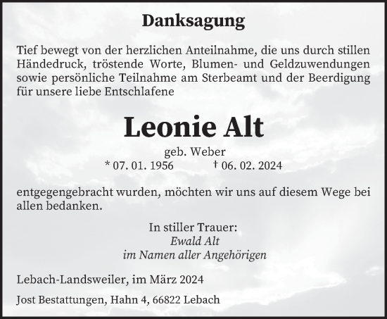 Todesanzeige von Leonie Alt von saarbruecker_zeitung