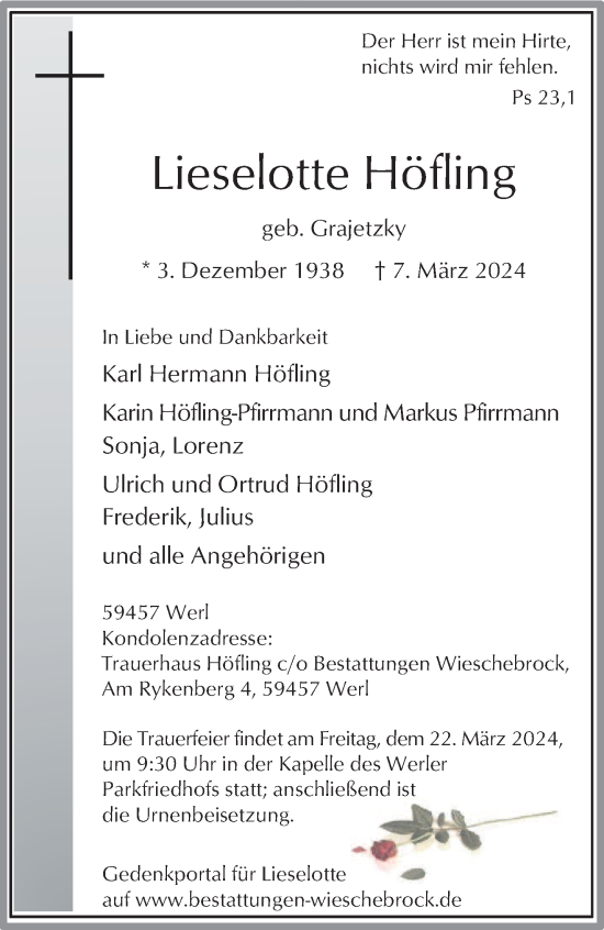 Todesanzeige von Lieselotte Höfling von saarbruecker_zeitung