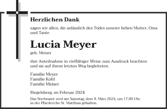 Todesanzeige von Lucia Meyer von saarbruecker_zeitung