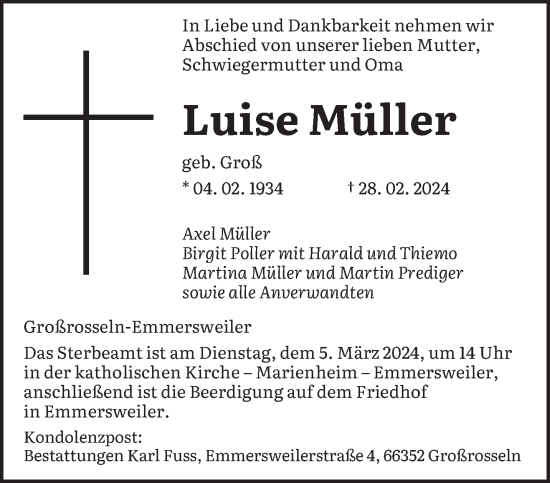 Todesanzeige von Luise Müller von saarbruecker_zeitung