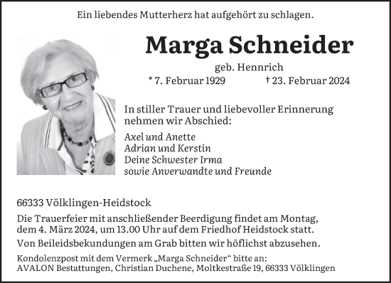 Todesanzeige von Marga Schneider von saarbruecker_zeitung