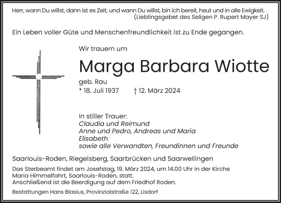 Todesanzeige von Marga Barbara Wiotte von saarbruecker_zeitung