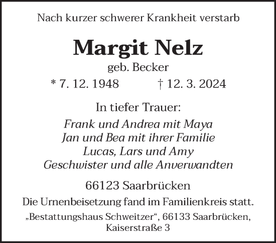 Todesanzeige von Margit Nelz von saarbruecker_zeitung