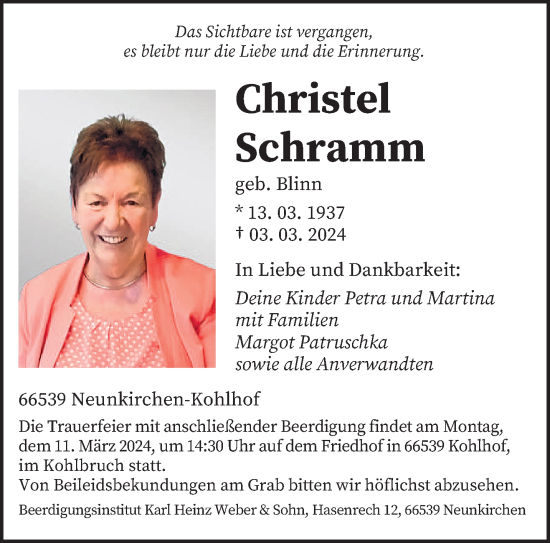 Todesanzeige von Margot Schramm von saarbruecker_zeitung