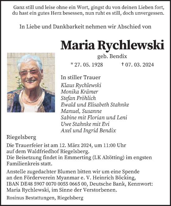 Todesanzeige von Maria Rychlewski von saarbruecker_zeitung