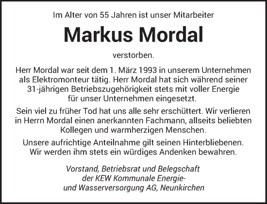 Todesanzeige von Markus Mordal von saarbruecker_zeitung