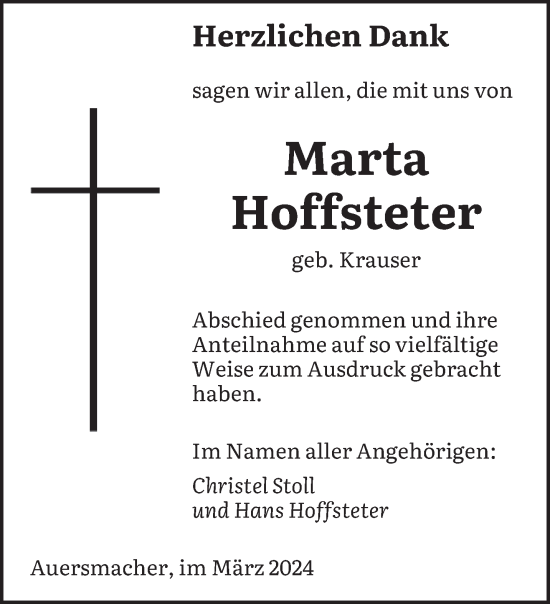 Todesanzeige von Marta Hoffsteter von saarbruecker_zeitung