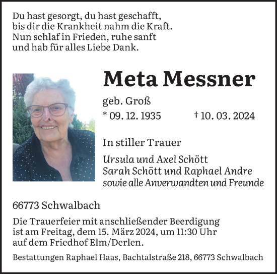 Todesanzeige von Meta Messner von saarbruecker_zeitung