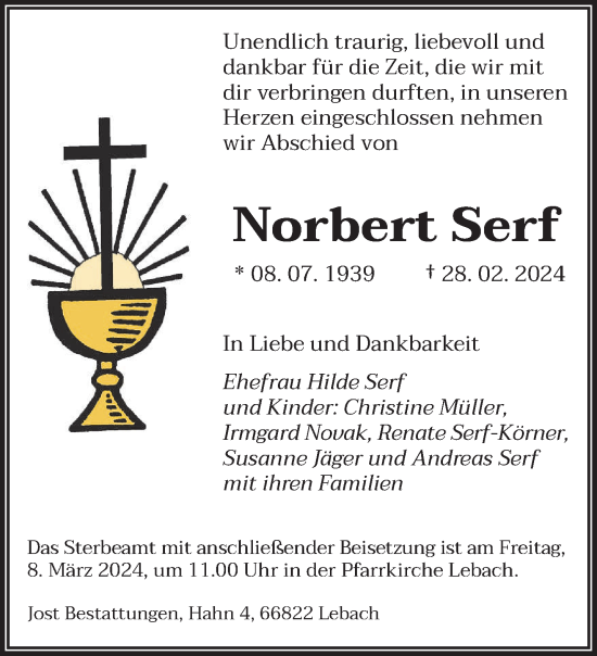 Todesanzeige von Norbert Serf von saarbruecker_zeitung