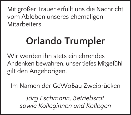 Todesanzeige von Orlando Trumpler von saarbruecker_zeitung