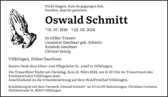 Todesanzeige von Oswald Schmitt von saarbruecker_zeitung
