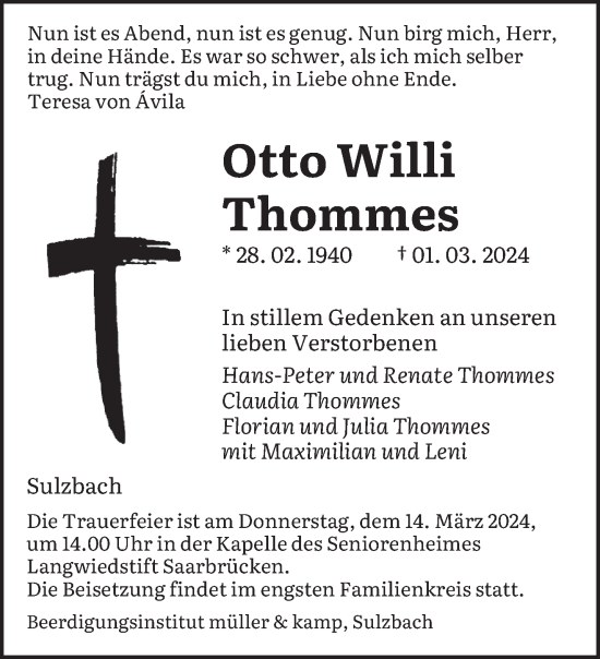 Todesanzeige von Otto Willi Thommes von saarbruecker_zeitung