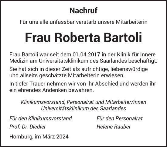 Todesanzeige von Roberta Bartoli von saarbruecker_zeitung