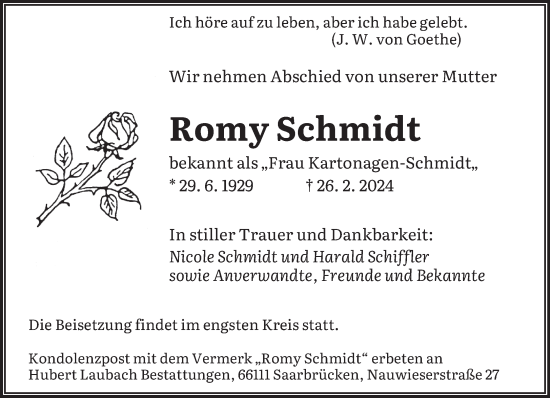 Todesanzeige von Romy Schmidt von saarbruecker_zeitung