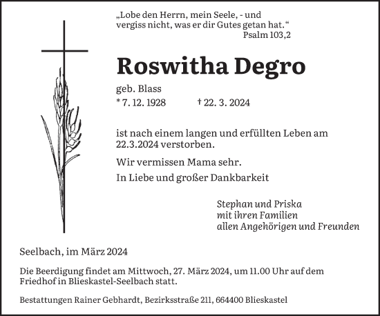 Todesanzeige von Roswitha Degro von saarbruecker_zeitung