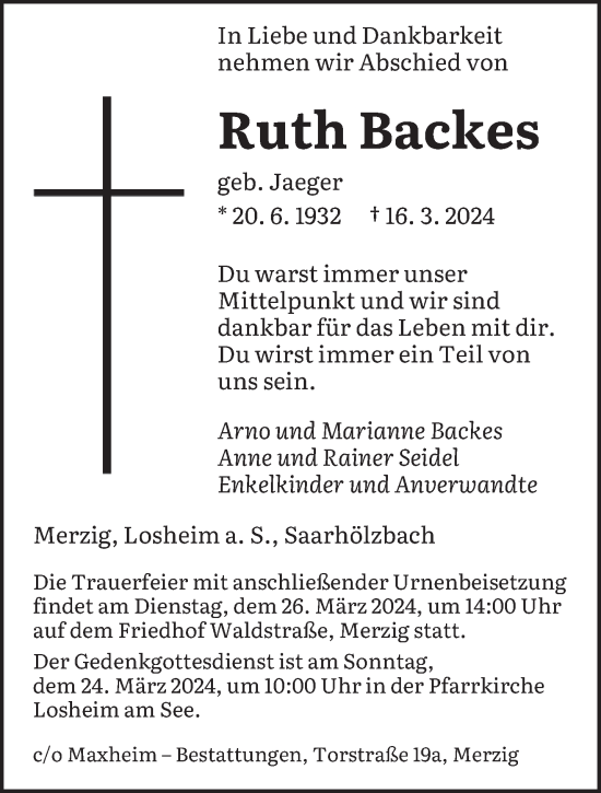 Todesanzeige von Ruth Backes von saarbruecker_zeitung
